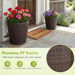 Set of 2 Plastic Taper Rattan Planters with Drainage Holes and Saucers-Brown