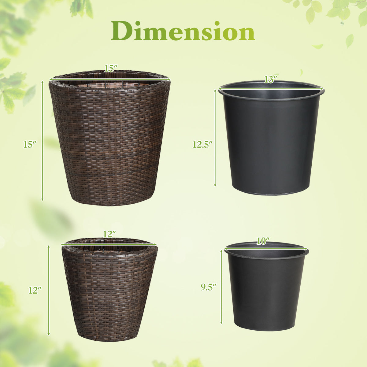 Set of 2 Plastic Taper Rattan Planters with Drainage Holes and Saucers-Brown