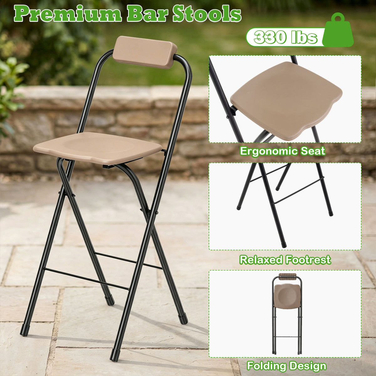 Set of 2 Portable Bar Height Stools with Ergonomic Seat and Comfortable Footrest-Brown