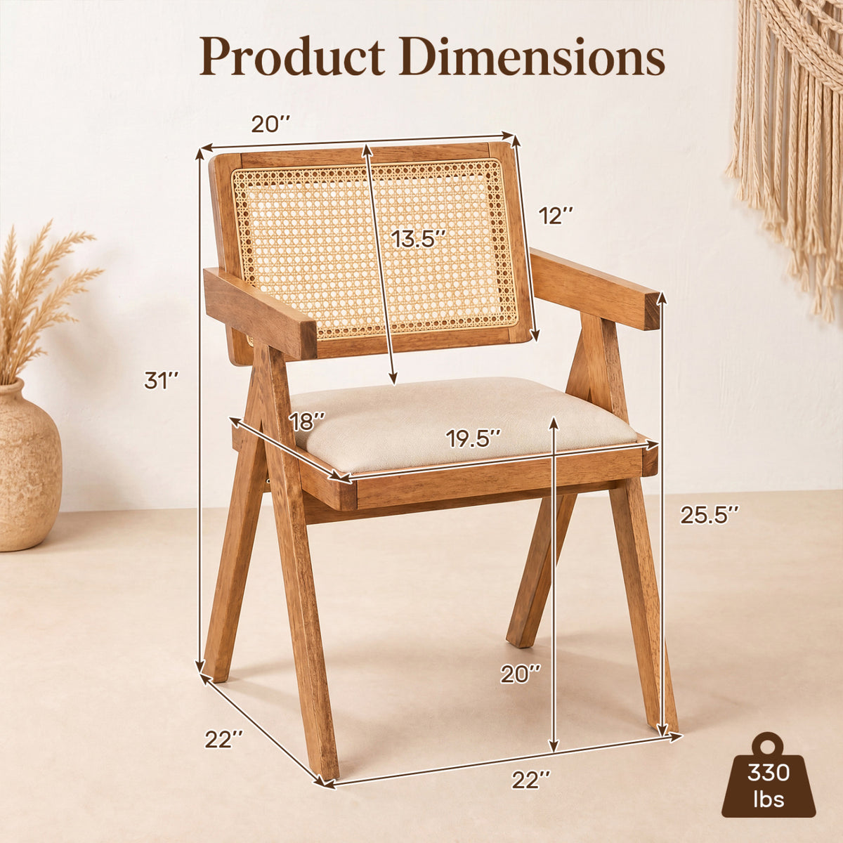 Set of 2 Rattan Accent Chairs with Padded Cushion and Rubber Wood Frame-Beige