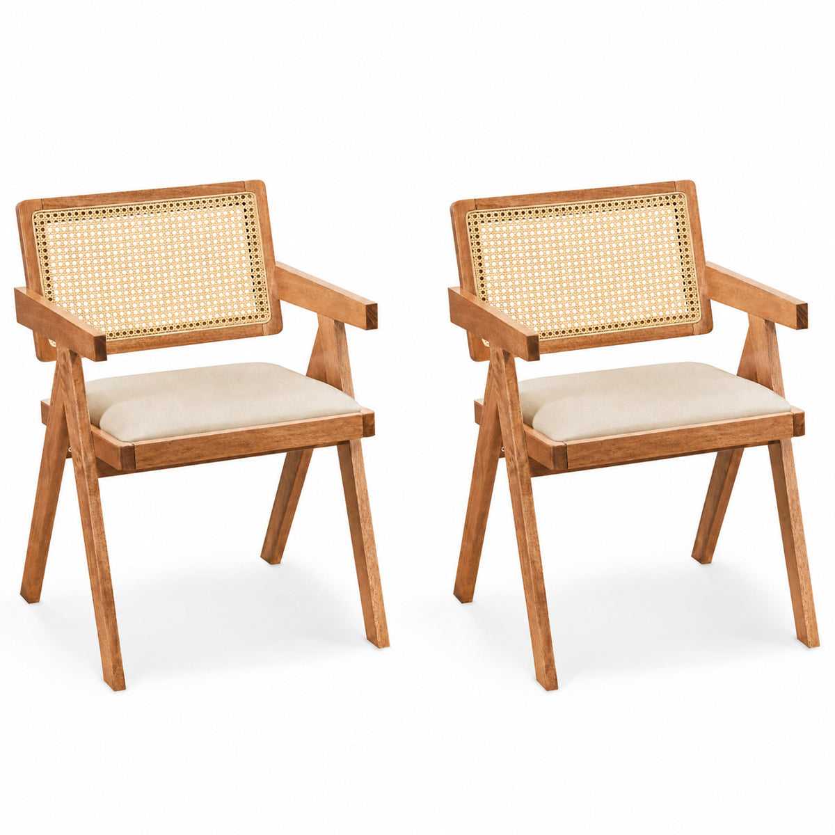 Set of 2 Rattan Accent Chairs with Padded Cushion and Rubber Wood Frame-Beige