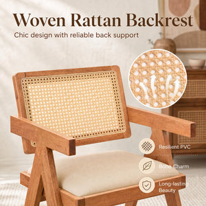 Set of 2 Rattan Accent Chairs with Padded Cushion and Rubber Wood Frame-Beige