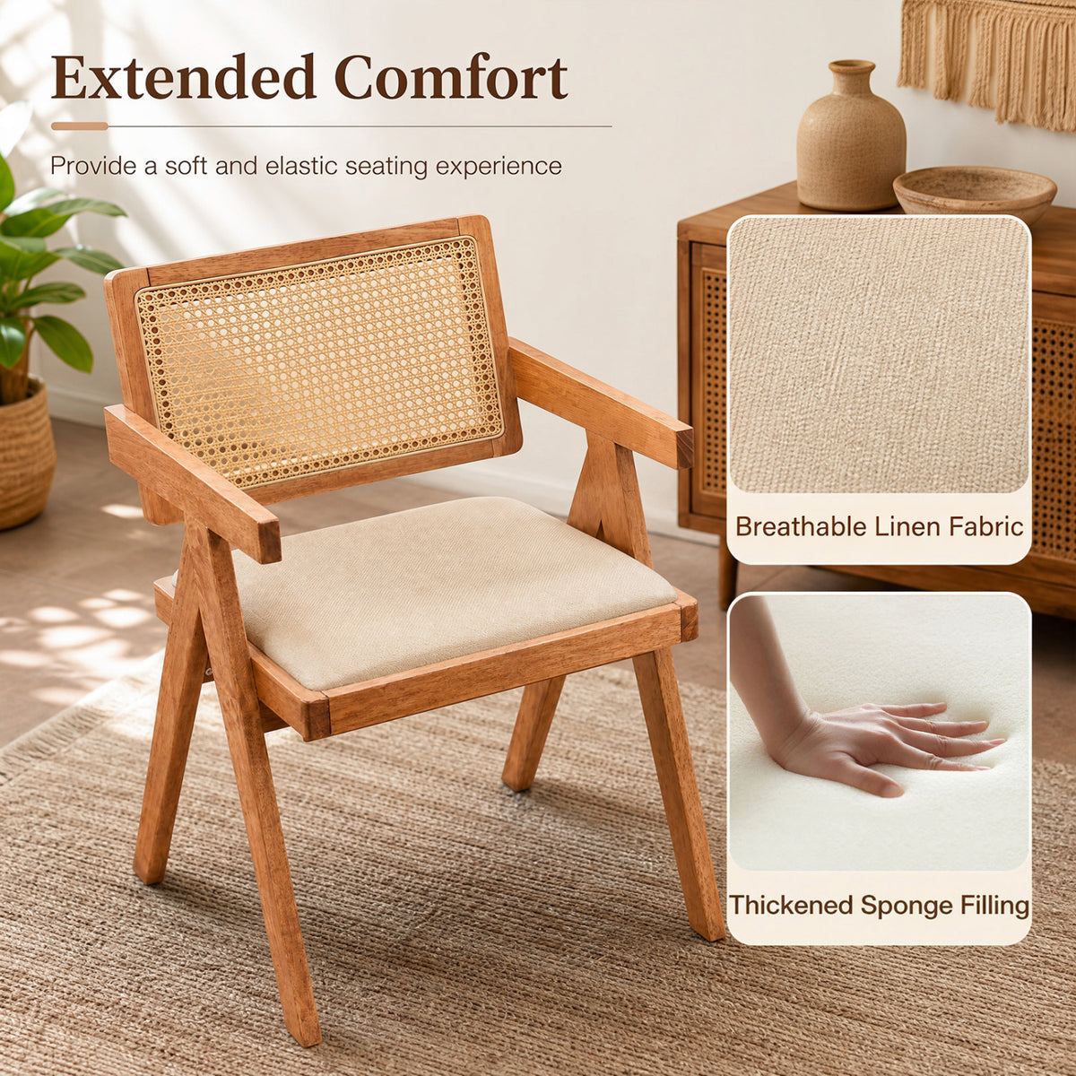 Set of 2 Rattan Accent Chairs with Padded Cushion and Rubber Wood Frame-Beige