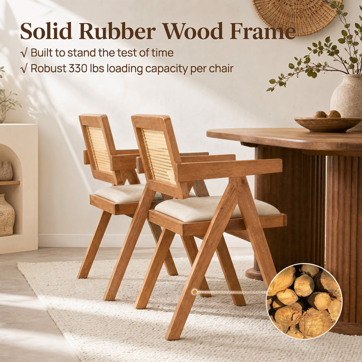 Set of 2 Rattan Accent Chairs with Padded Cushion and Rubber Wood Frame-Beige