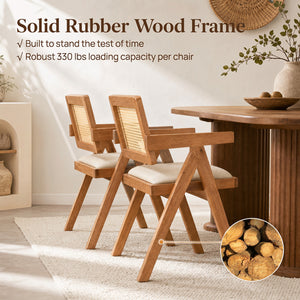 Set of 2 Rattan Accent Chairs with Padded Cushion and Rubber Wood Frame-Beige
