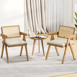 Set of 2 Rattan Accent Chairs with Padded Cushion and Rubber Wood Frame-Beige