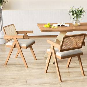 Set of 2 Rattan Accent Chairs with Padded Cushion and Rubber Wood Frame-Beige