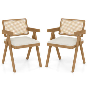Set of 2 Rattan Accent Chairs with Padded Cushion and Rubber Wood Frame-Beige