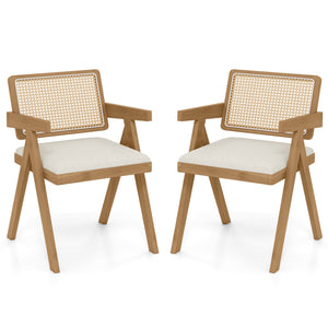 Set of 2 Rattan Accent Chairs with Padded Cushion and Rubber Wood Frame-Beige