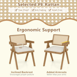 Set of 2 Rattan Accent Chairs with Padded Cushion and Rubber Wood Frame-Beige
