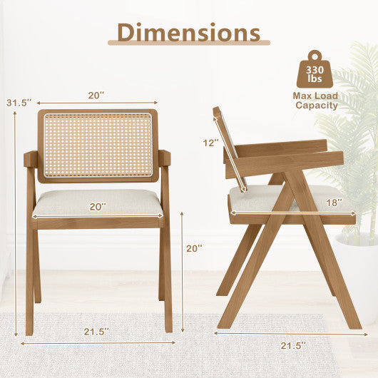 Set of 2 Rattan Accent Chairs with Padded Cushion and Rubber Wood Frame-Beige