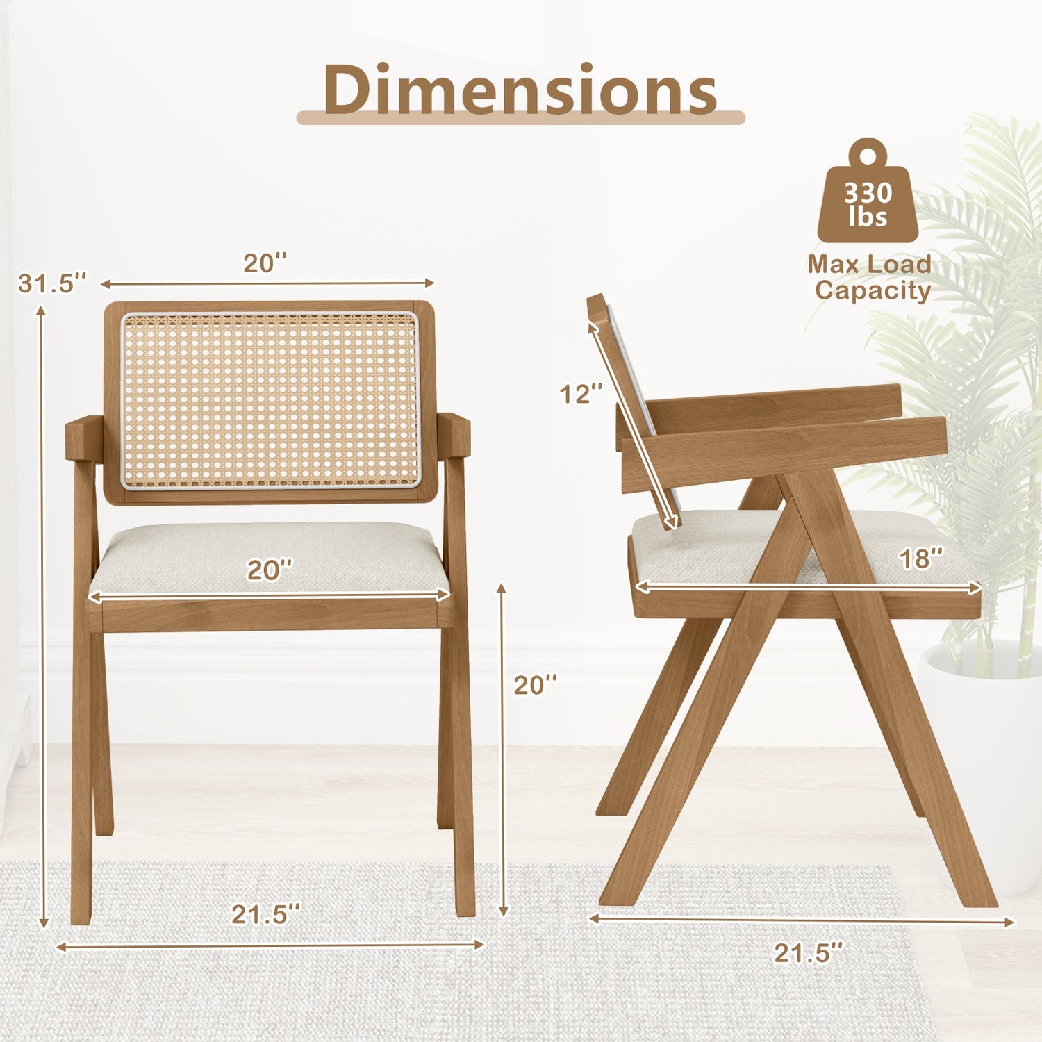 Set of 2 Rattan Accent Chairs with Padded Cushion and Rubber Wood Frame-Beige