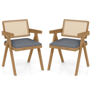 Set of 2 Rattan Accent Chairs with Padded Cushion and Rubber Wood Frame-Gray