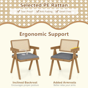 Set of 2 Rattan Accent Chairs with Padded Cushion and Rubber Wood Frame-Gray