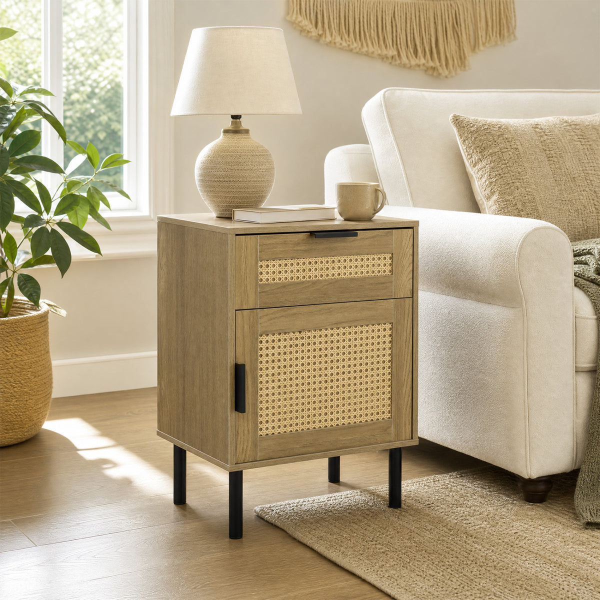 Set of 2 Rattan Nightstand with Drawer and Storage Cabinet for Bedroom Dorm-Natrual