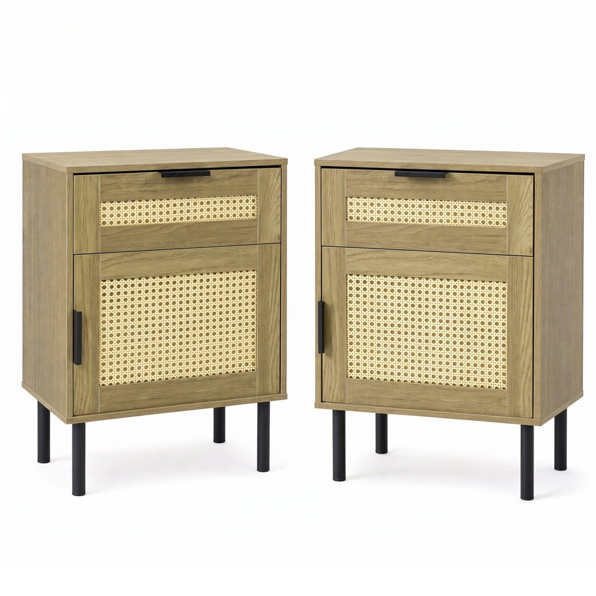 Set of 2 Rattan Nightstand with Drawer and Storage Cabinet for Bedroom Dorm-Natrual