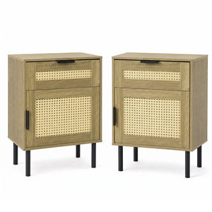 Set of 2 Rattan Nightstand with Drawer and Storage Cabinet for Bedroom Dorm-Natrual