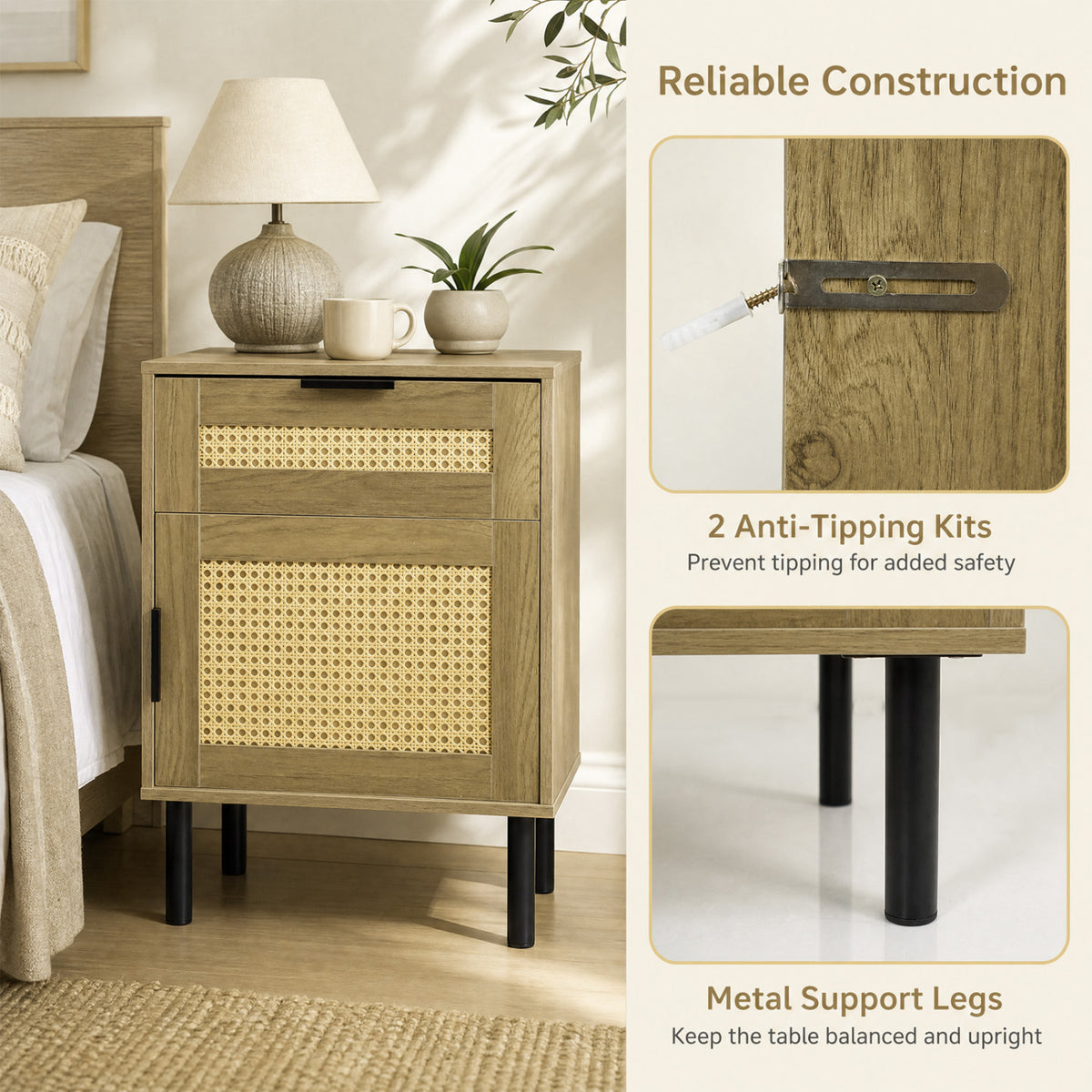 Set of 2 Rattan Nightstand with Drawer and Storage Cabinet for Bedroom Dorm-Natrual