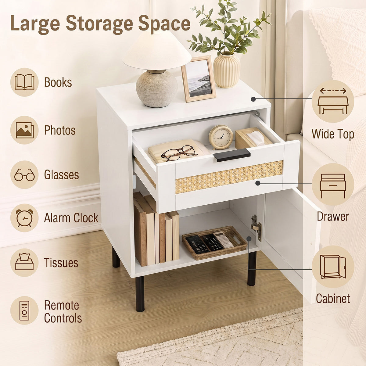 Set of 2 Rattan Nightstand with Drawer and Storage Cabinet for Bedroom Dorm-White