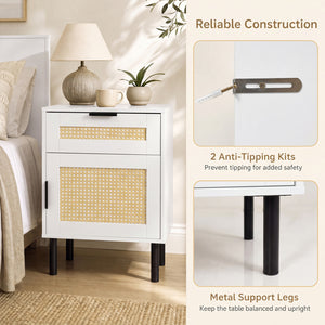 Set of 2 Rattan Nightstand with Drawer and Storage Cabinet for Bedroom Dorm-White