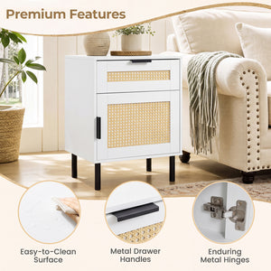 Set of 2 Rattan Nightstand with Drawer and Storage Cabinet for Bedroom Dorm-White