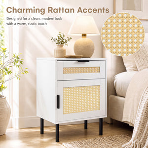 Set of 2 Rattan Nightstand with Drawer and Storage Cabinet for Bedroom Dorm-White