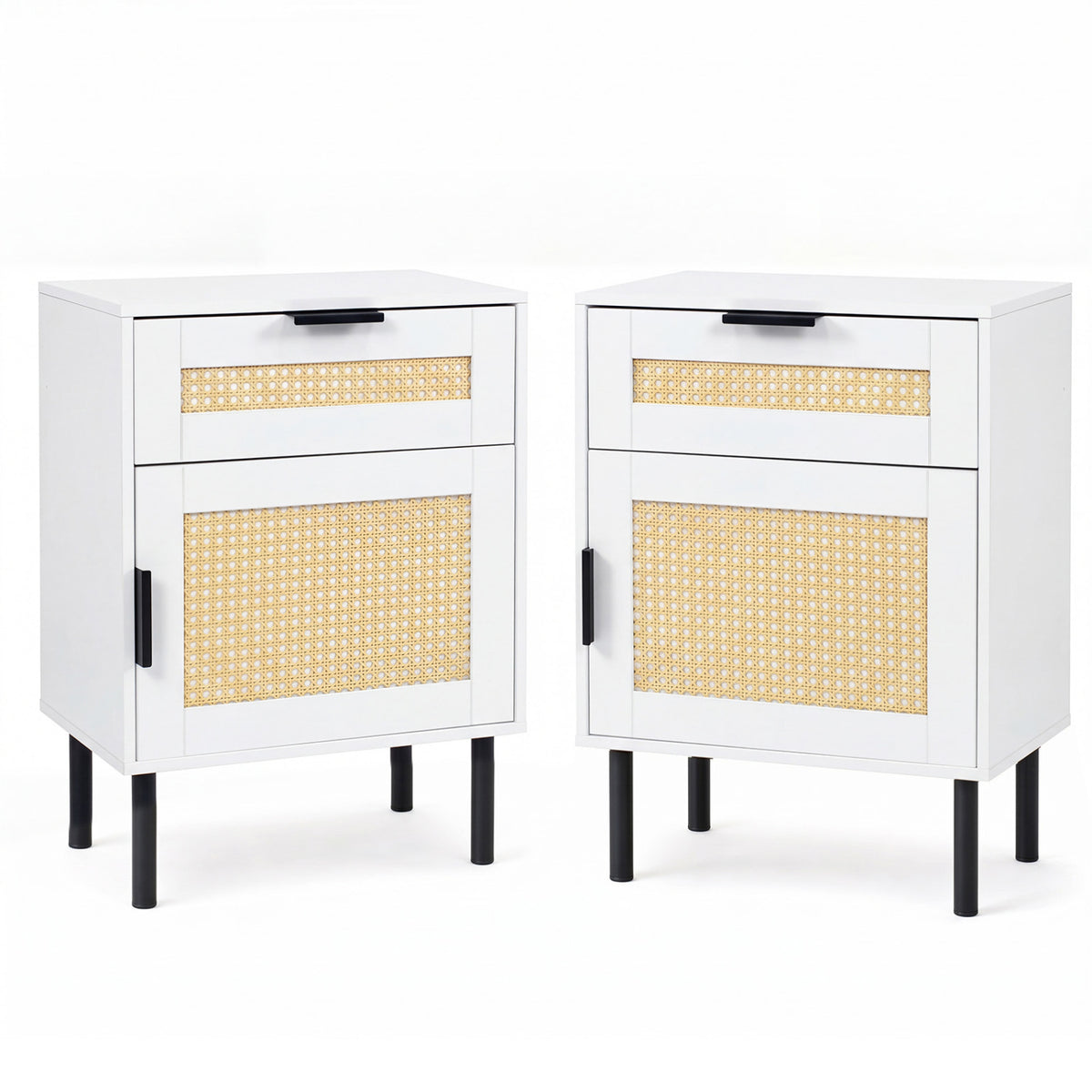 Set of 2 Rattan Nightstand with Drawer and Storage Cabinet for Bedroom Dorm-White