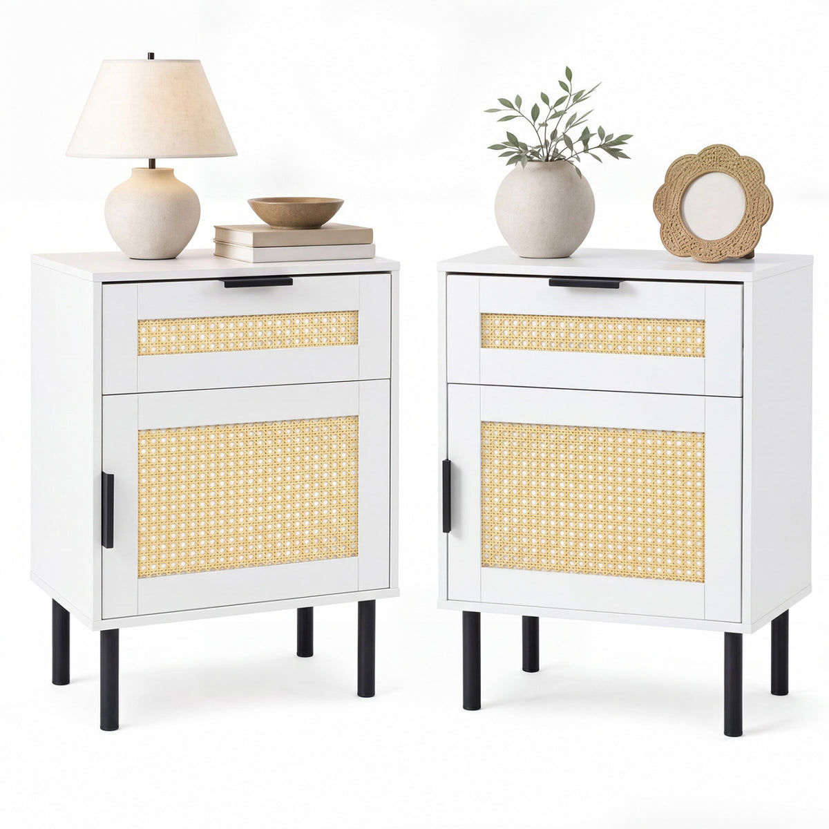 Set of 2 Rattan Nightstand with Drawer and Storage Cabinet for Bedroom Dorm-White