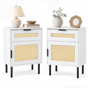 Set of 2 Rattan Nightstand with Drawer and Storage Cabinet for Bedroom Dorm-White