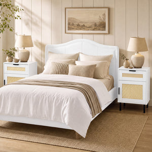 Set of 2 Rattan Nightstand with Drawer and Storage Cabinet for Bedroom Dorm-White
