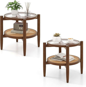 Set of 2 Rattan Round Side End Table with Tempered Glass Tabletop-Walnut