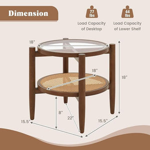Set of 2 Rattan Round Side End Table with Tempered Glass Tabletop-Walnut