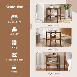 Set of 2 Rattan Round Side End Table with Tempered Glass Tabletop-Walnut