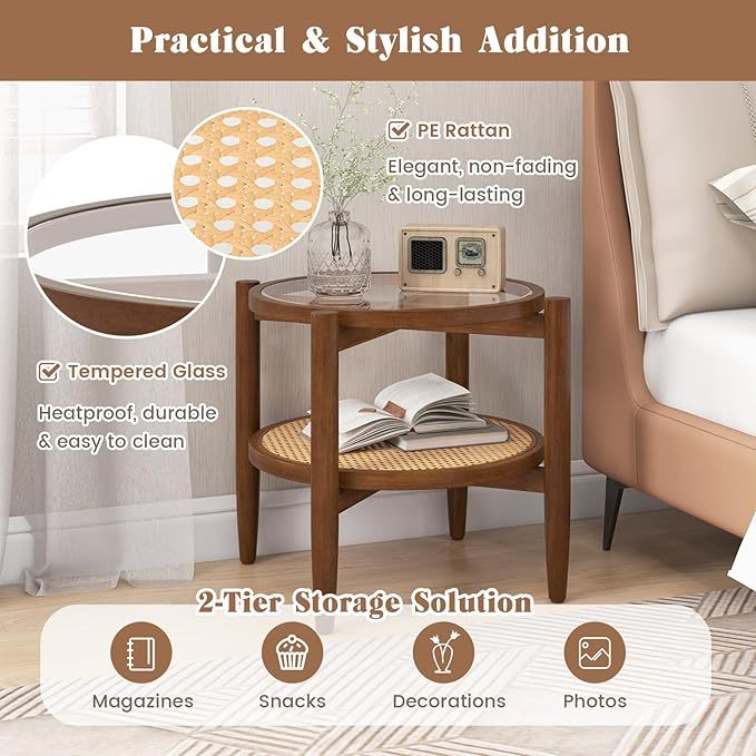 Set of 2 Rattan Round Side End Table with Tempered Glass Tabletop-Walnut