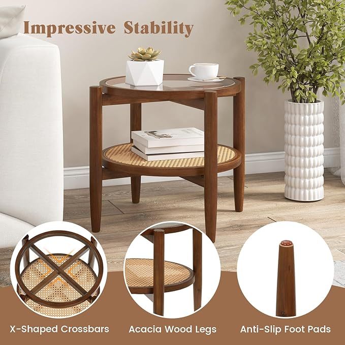 Set of 2 Rattan Round Side End Table with Tempered Glass Tabletop-Walnut