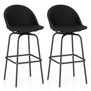 Set of 2 Rattan Swivel Barstools with Curved Back-Black