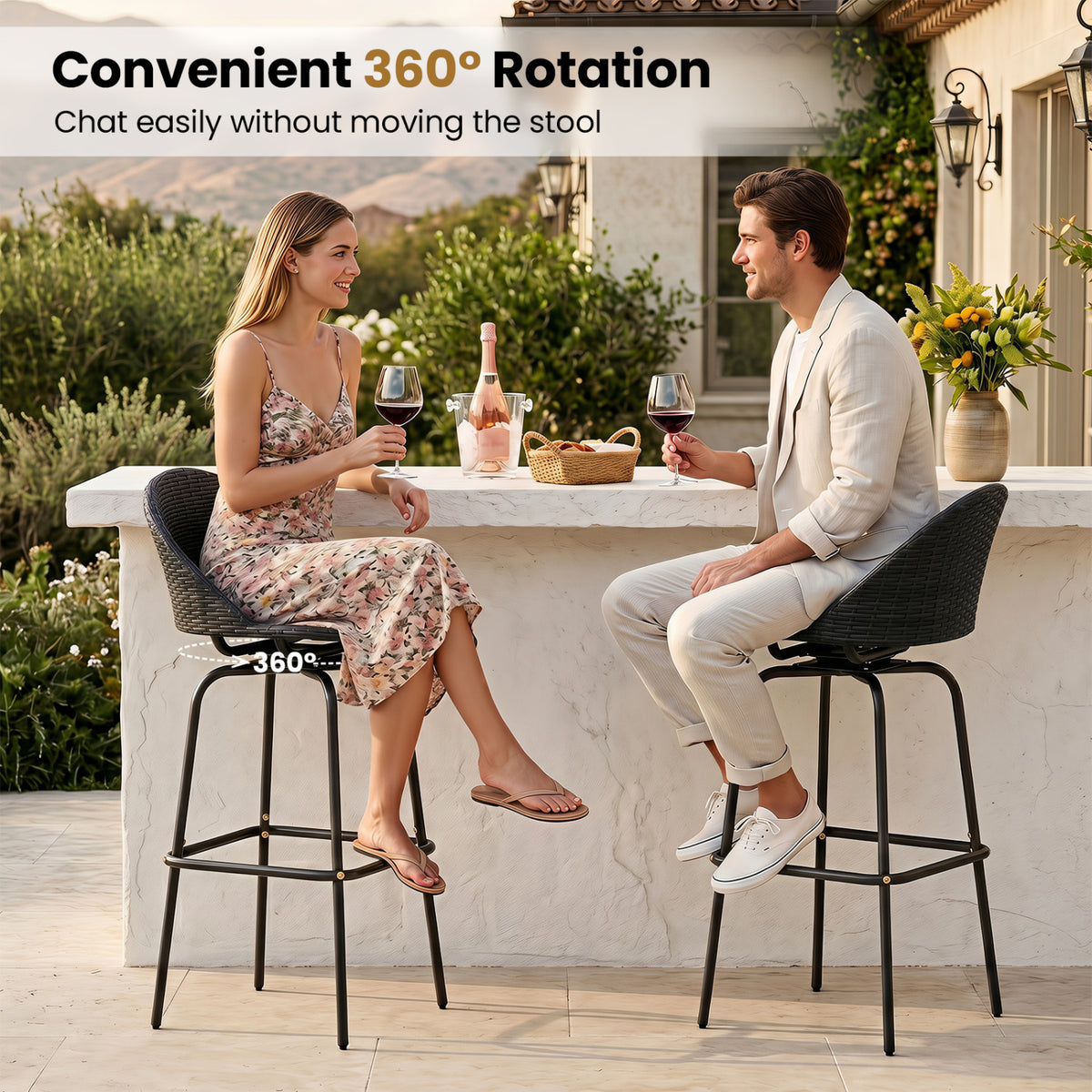 Set of 2 Rattan Swivel Barstools with Curved Back-Black