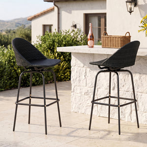 Set of 2 Rattan Swivel Barstools with Curved Back-Black