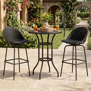 Set of 2 Rattan Swivel Barstools with Curved Back-Black