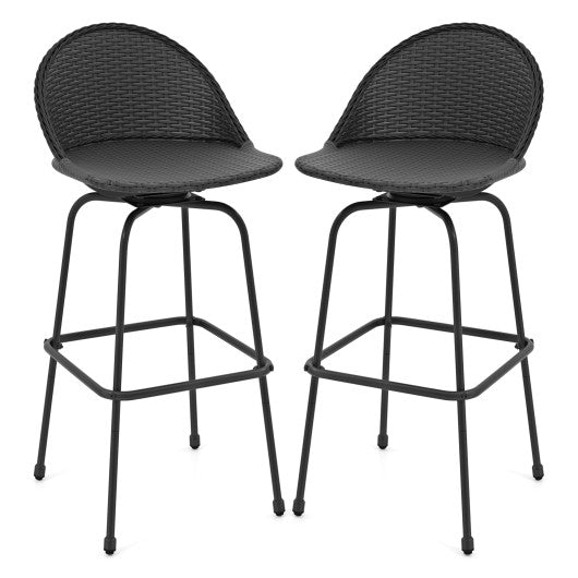 Set of 2 Rattan Swivel Barstools with Curved Back-Black