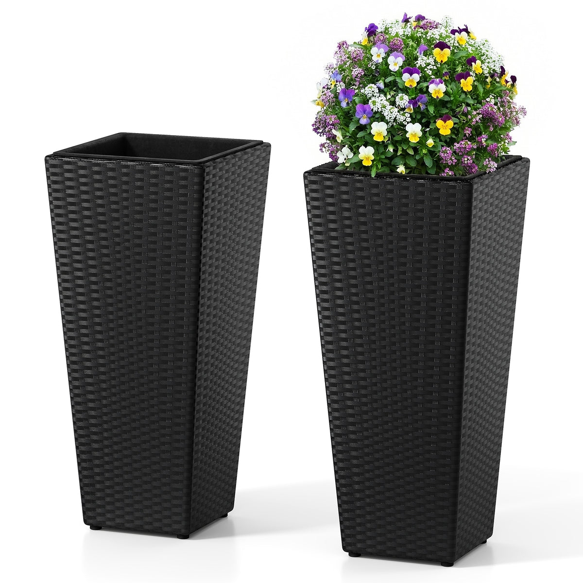 Set of 2 Rattan Tall Plant Pots with Detachable Plastic Liners-Black