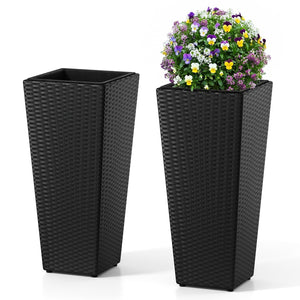 Set of 2 Rattan Tall Plant Pots with Detachable Plastic Liners-Black