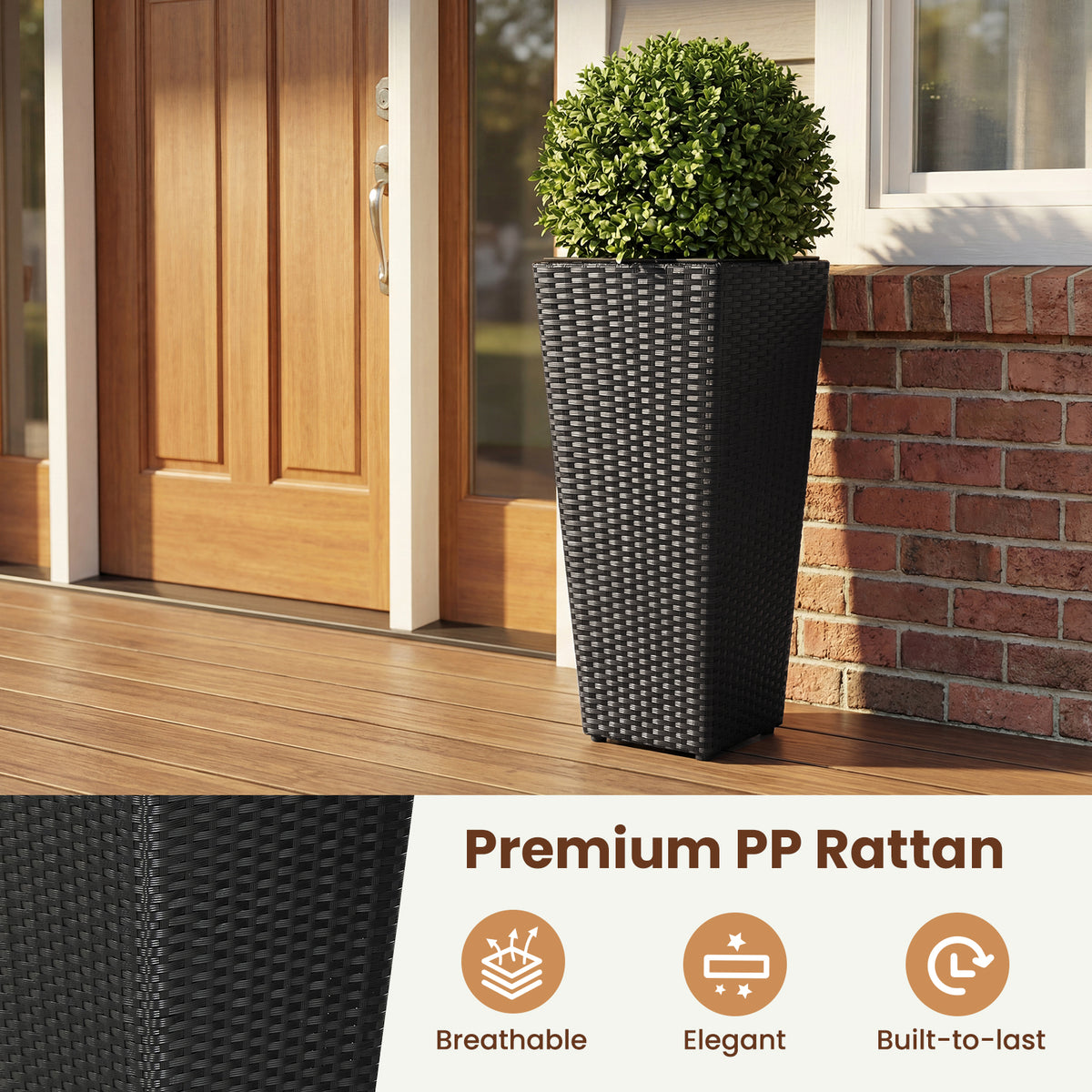 Set of 2 Rattan Tall Plant Pots with Detachable Plastic Liners-Black