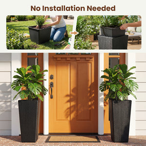 Set of 2 Rattan Tall Plant Pots with Detachable Plastic Liners-Black