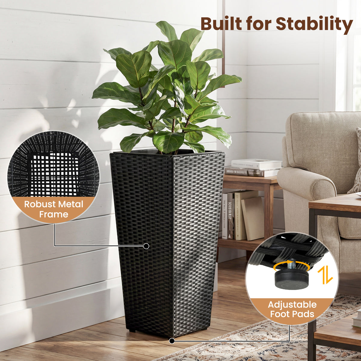 Set of 2 Rattan Tall Plant Pots with Detachable Plastic Liners-Black