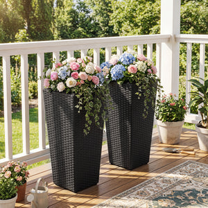 Set of 2 Rattan Tall Plant Pots with Detachable Plastic Liners-Black