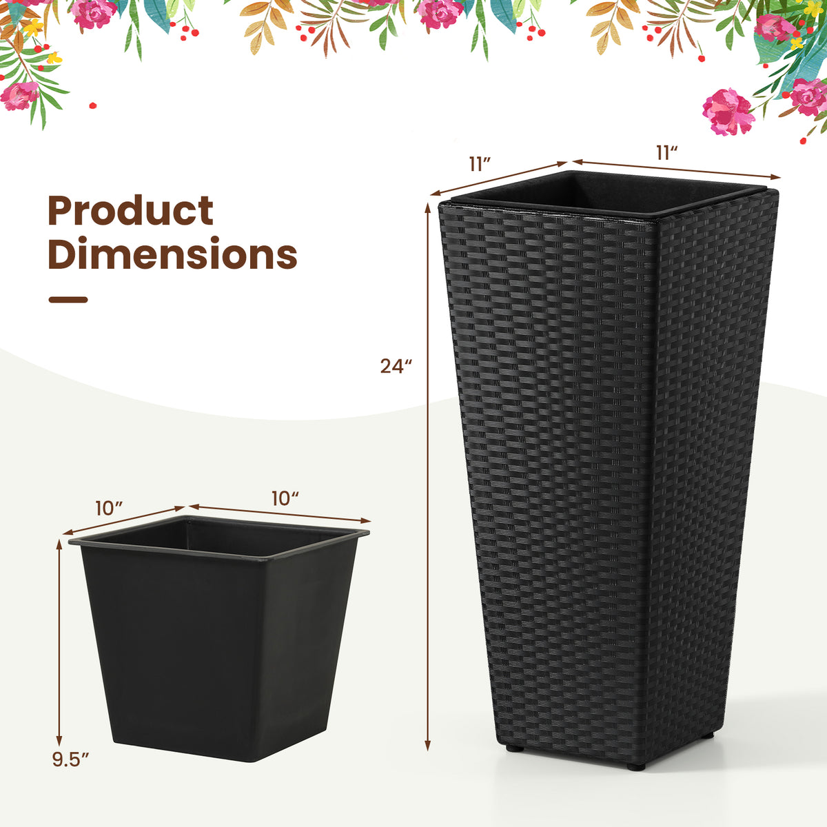Set of 2 Rattan Tall Plant Pots with Detachable Plastic Liners-Black