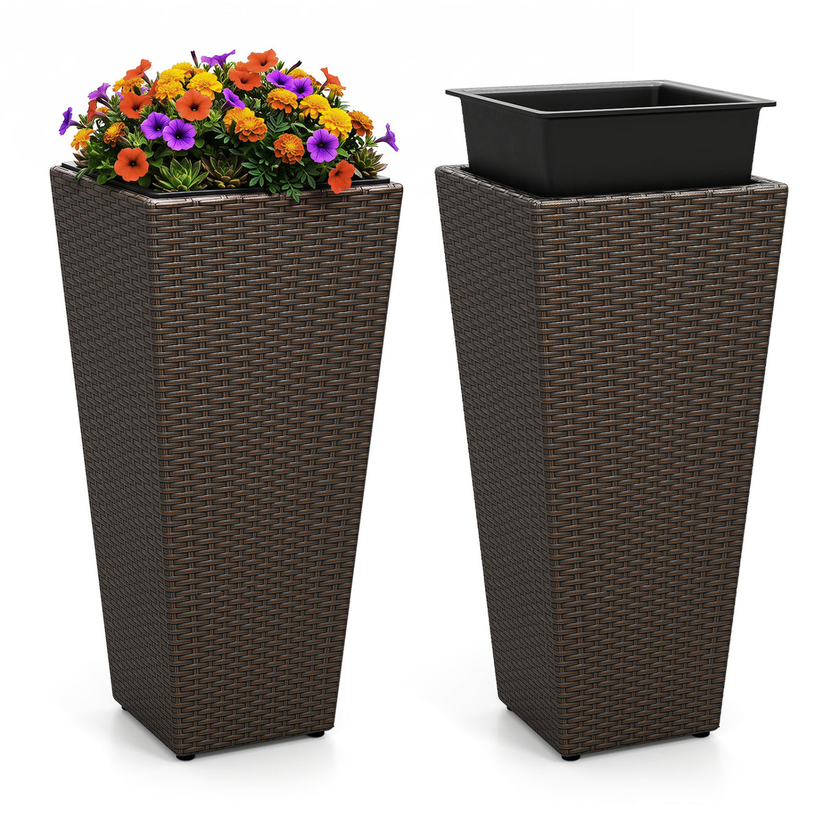 Set of 2 Rattan Tall Plant Pots with Detachable Plastic Liners-Brown