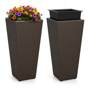 Set of 2 Rattan Tall Plant Pots with Detachable Plastic Liners-Brown