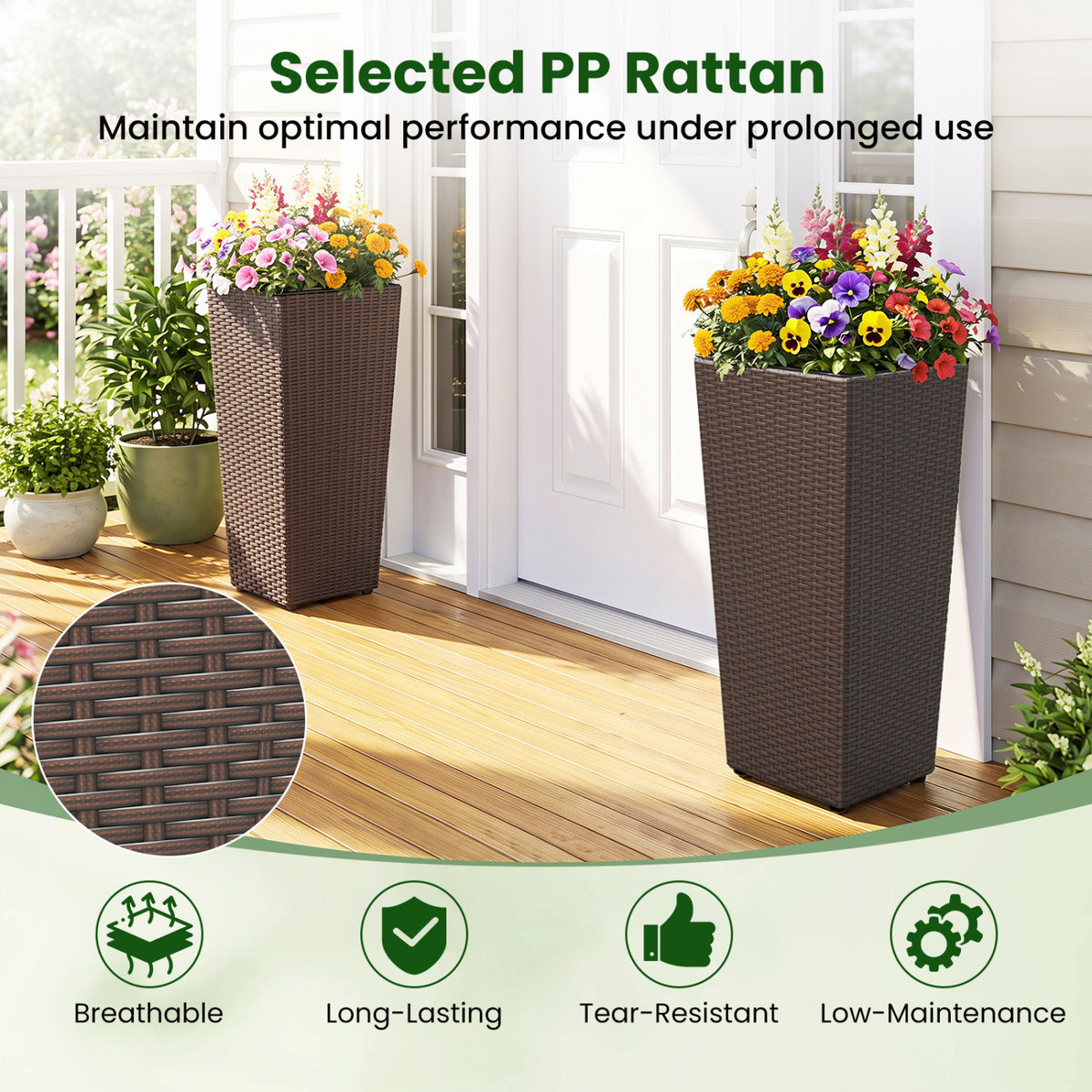 Set of 2 Rattan Tall Plant Pots with Detachable Plastic Liners-Brown